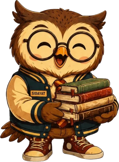 Sidayat, maskot PKKMB berwujud burung hantu berjaket varsity sambil memeluk tumpukan buku
